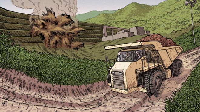 Ilustração de um caminhão de minério trafegando por uma estrada de terra; ao lado, a barragem estourando