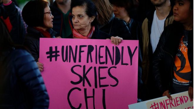 Demonstrators protest United Airlines at O'Hare International Airport on April 11, 2017 in Chicago, Illinois