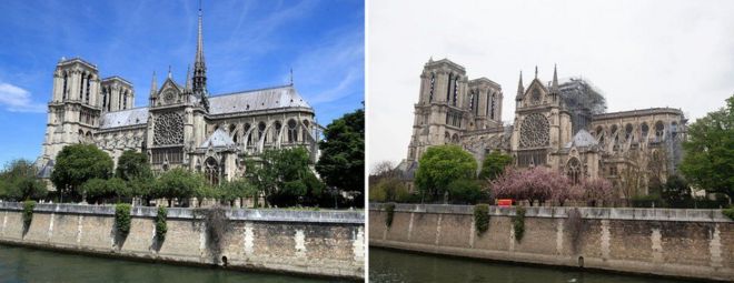 Notre Dame de París antes y después del incendio.