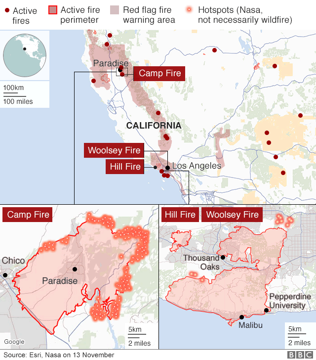 Калифорния - районы под огнем или угрозой