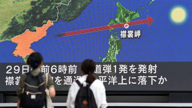 People walking in front of Japanese TV showing missile flight path