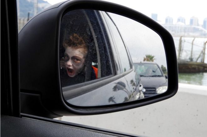 A small boy seen in a wing mirror