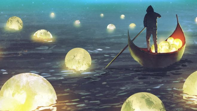Ilustração mostra homem navegando em meio a lâmpadas