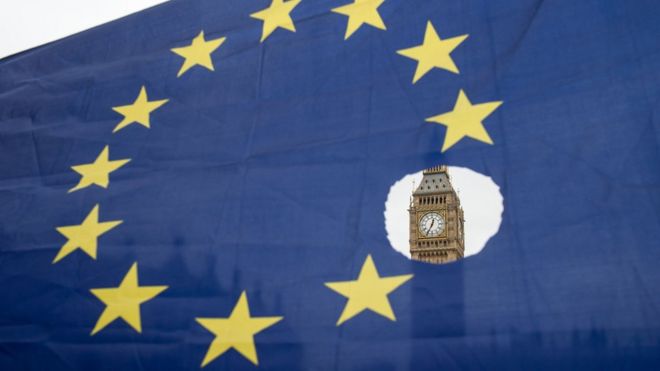 An EU flag is held during a protest in front of the Houses of Parliament, London, 2 March 2017