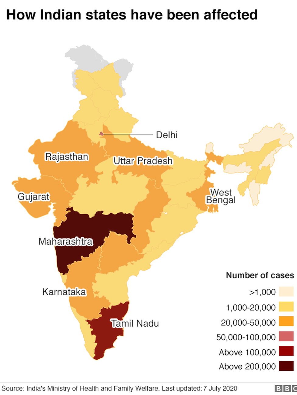 Map showing the spread of confirmed Covid-19 cases across India.