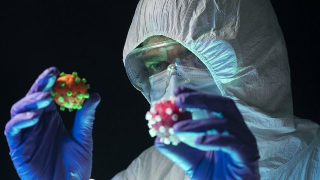 Un científico en traje protector examina dos modelos diferentes de coronavirus