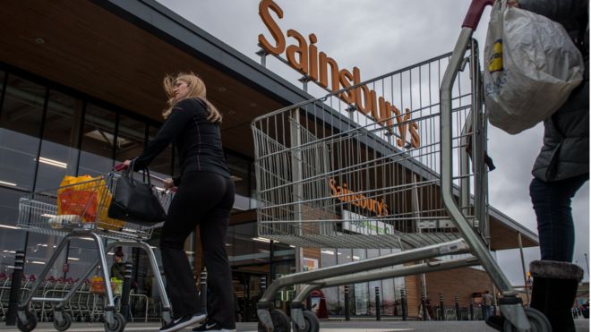 ЛОНДОН, АНГЛИЯ - 29-ОЕ АПРЕЛЯ: Покупатели нажимают ходя по магазинам вагонетки к супермаркету Sainsbury 29-ого апреля 2018 в Лондоне, Англии.