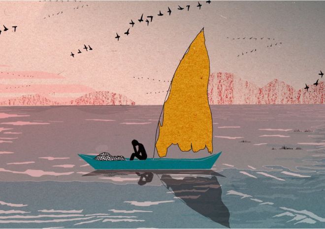 Иллюстрация, показывающая рыбака на озере Виктория, выглядящего удрученным из-за того, что она не ловила рыбу