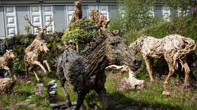Driftwood sculptures of animals by sculptor James Doran Webb