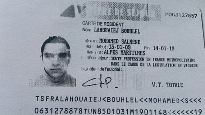 Reprodução de documento de Lahouaiej-Bouhlel divulgada por fontes policiais