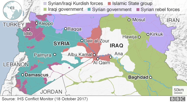 Карта, показывающая контроль над Ираком и Сирией 18 октября 2017 года