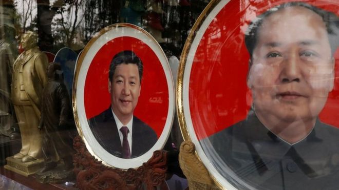 Souvenir plates with images of Chinese late Chairman Mao Zedong and Chinese President Xi Jinping are seen at a shop during the ongoing 19th National Congress of the Communist Party of China, in Beijing, China 21 October 2017.