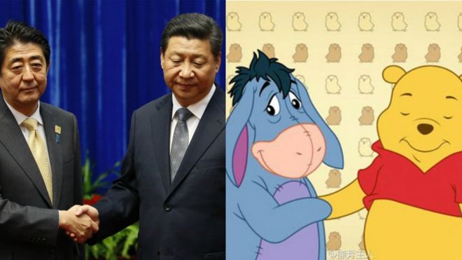Shinzo Abe, Xi Jinping and Winni the Pooh characters