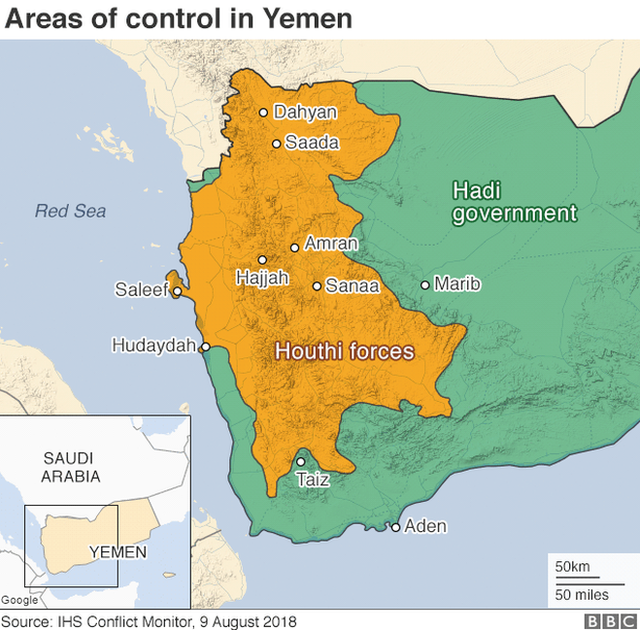 Карта, показывающая контроль над Йеменом