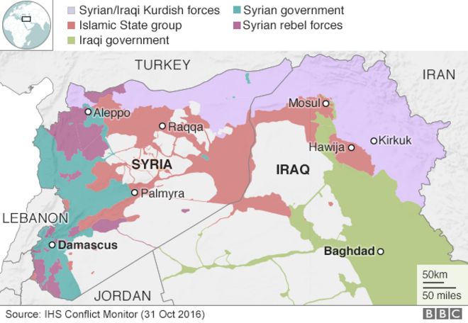 Карта, показывающая различные зоны контроля в Ираке и Сирии