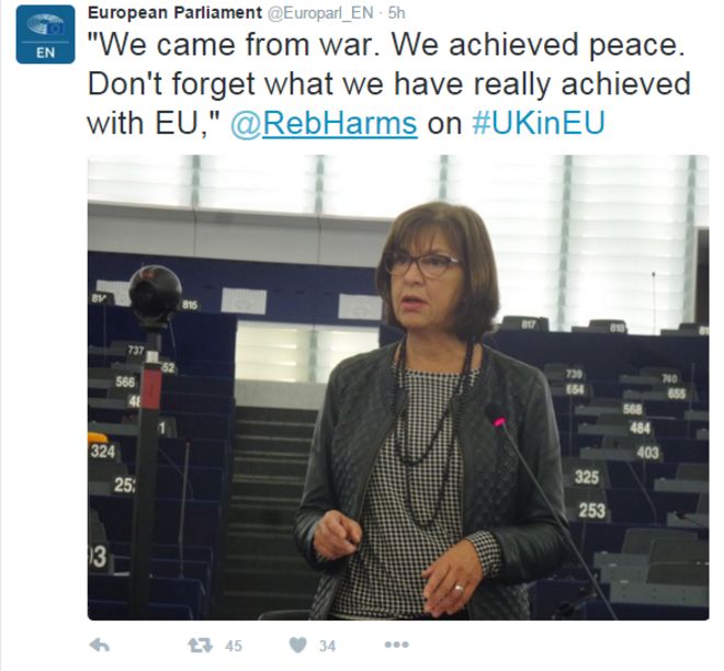 Чирикать: "Мы пришли с войны. Мы достигли мира. Не забывайте, что мы действительно достигли с ЕС, & quot; говорит немецкая депутат Европарламента Ребекка Хармс