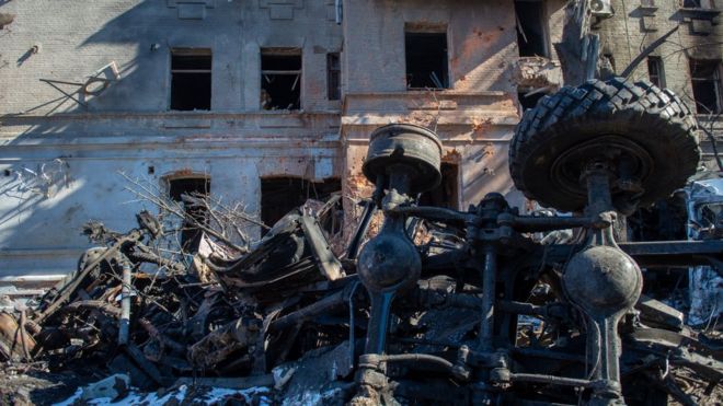 A view of a building, damaged as a result of shelling of the city by Russian missiles in the centre of Kharkiv