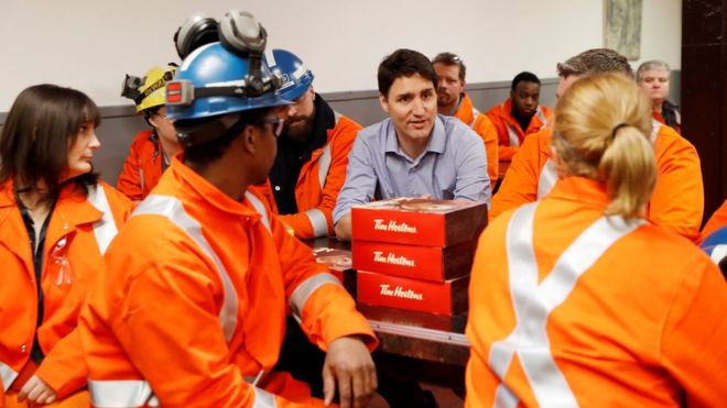Премьер-министр Канады Джастин Трюдо встречается с сталелитейщиками Stelco Hamilton Works в Гамильтоне, Онтарио, Канада