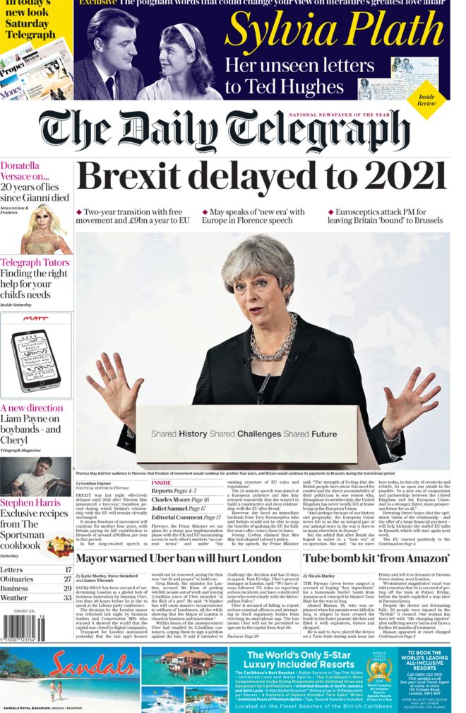 Daily Telegraph front page 23/09/2017