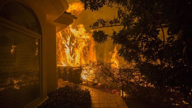 Огонь приближается к дому во время пожара Вулси 9 ноября 2018 года в Малибу, штат Калифорния