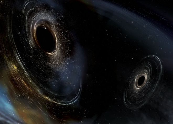 Ilustración de dos agujeros negros