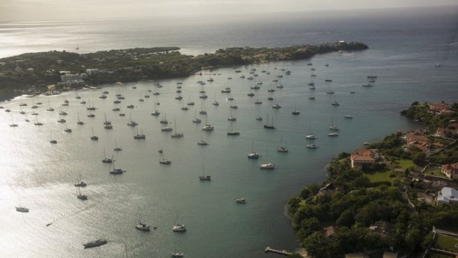 A boat-filled harbour photographed from the air, west of St George's, Grenada, in February 2018
