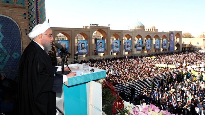 Iranian president Hassan Rouhani speaks at a public gathering in the city of Yazd, south-east Iran, on 10 November 2019