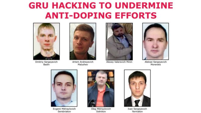 Семь подозреваемых агентов российского ГРУ по «Разыскиваются» плакат после обвинения во взломе.