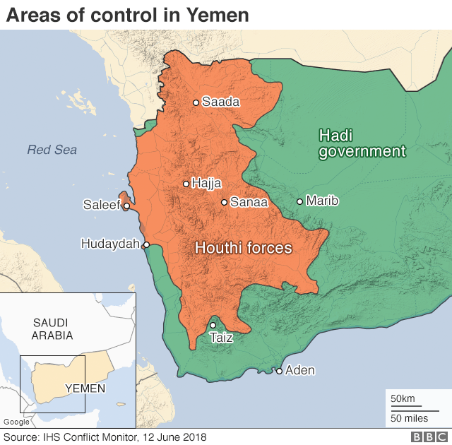 Карта, показывающая контроль над Йеменом (12 июня 2018 года)