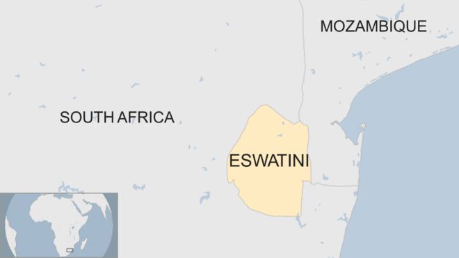 Карта, показывающая местоположение eSwatini относительно Южной Африки и Мозамбика