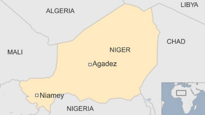 карта Нигера со столицей Ниамей на юго-западе и Агадесом, где находится база, в центре