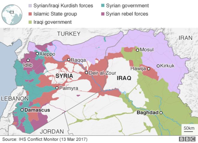 Карта Сирии и Ирака с указанием территориального контроля, 13 марта 2017 года