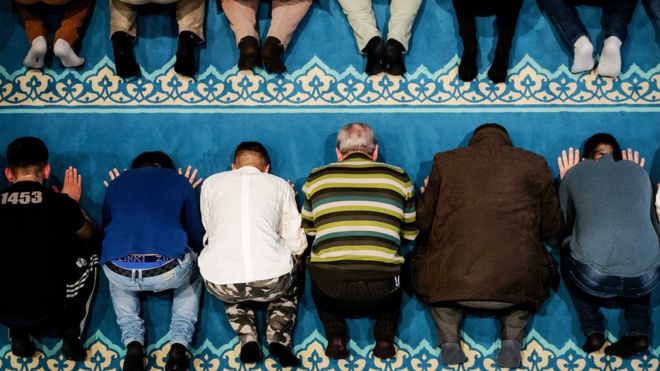 Muslims in Utrecht in the Netherlands pray at Turkish Ulu Mosque