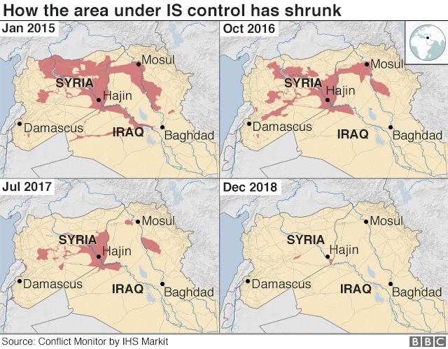 Four maps showing how the area controlled by IS has shrunk