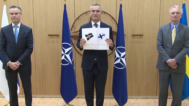 Nato Secretary General Jens Stoltenberg with Sweden's and Finland's Nato applications