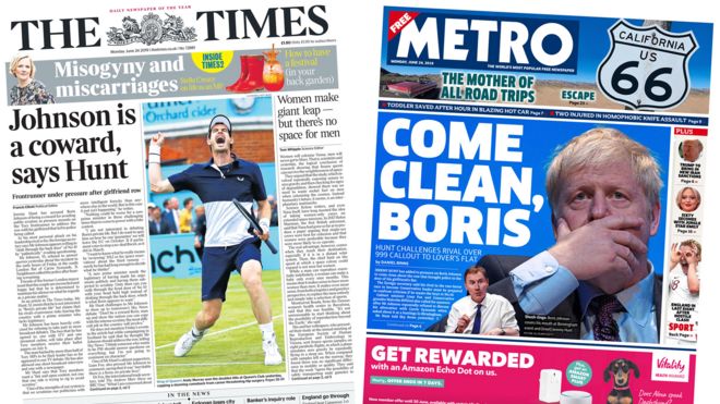 The Times и Metro первые полосы 24.06.19