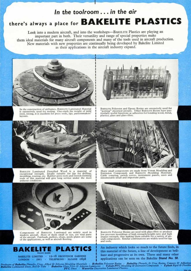 Реклама бакелитовых пластиков в журнале по авиастроению в 1955 году