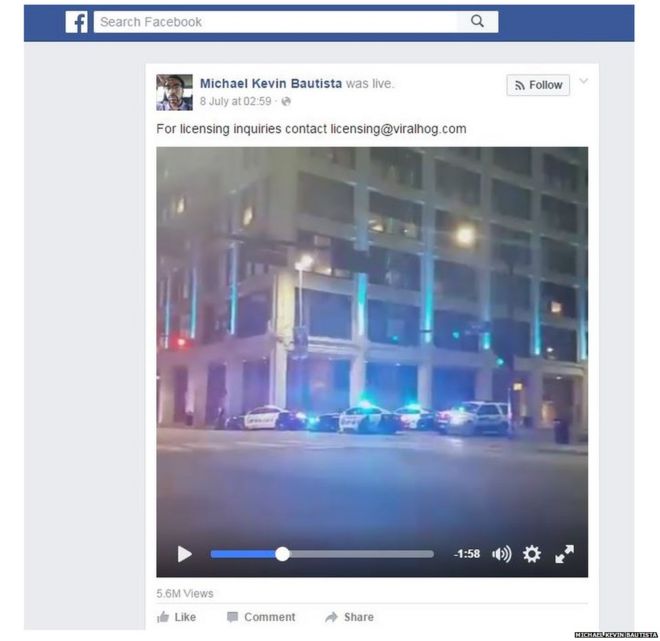 Снимок экрана Facebook Живое видео о стрельбе в Далласе