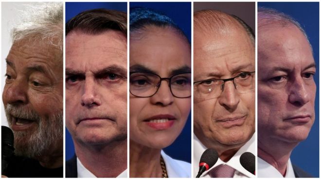 Luiz Inácio Lula da Silva (PT), Jair Bolsonaro (PSL), Marina Silva (Rede), Geraldo Alckmin (PSDB) e Ciro Gomes (PDT) são os candidatos registrados no TSE que estão melhor posicionados nas pesquisas de intenção de voto.