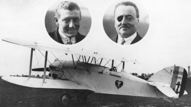The aviators Charles Nungesser (left) and Francois Coli, who attempted to fly from Paris to New York, and their White Bird plane (circa 1927)