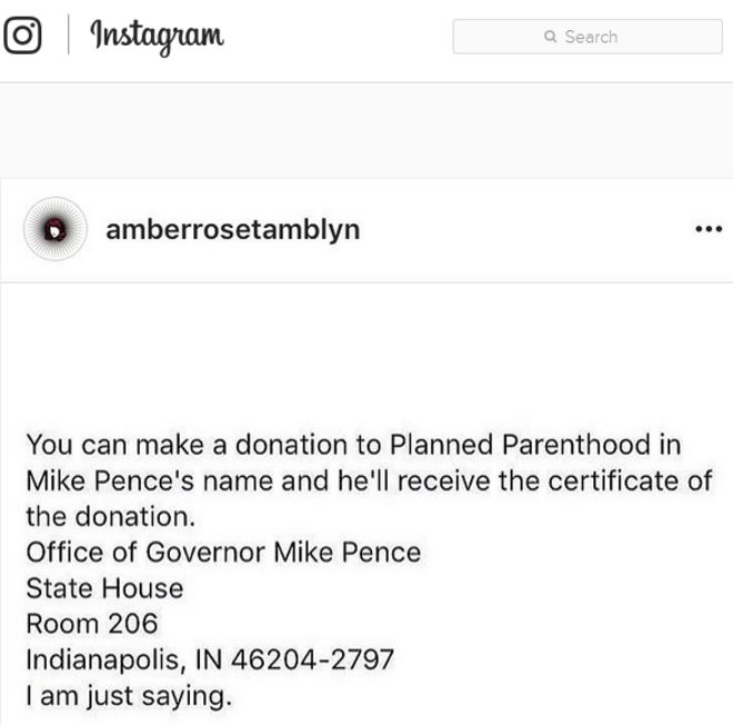 Сообщение в Instagram, в котором говорится: «Вы можете сделать пожертвование для планирования семьи на имя Майка Пенс, и он получит сертификат пожертвования». включая адрес Майка Пенс