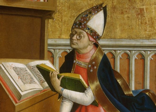 Святой Августин изобразил в очках на картине 1498 года австрийского художника, известного как Мастер Гроссгмайна