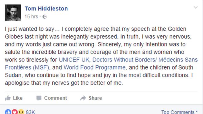 Пост Тома Хиддлстона в Facebook