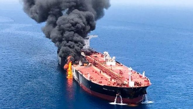 Iran's Isna news agency published an unverified image of what it said was a burning tanker in the Gulf of Oman