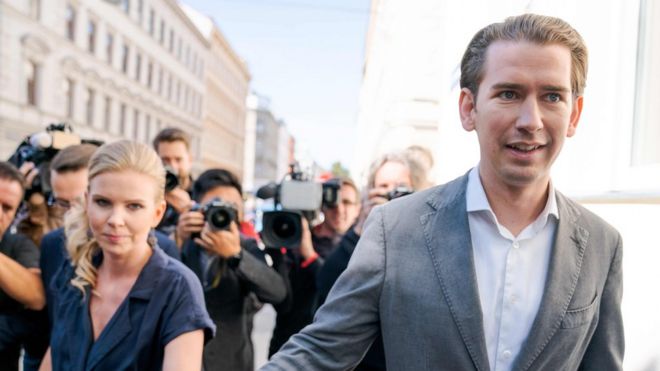 Sebastian Kurz, vůdce Rakouské lidové strany (ÖVP) a jeho přítelkyně Susanne Thier dorazí na volební místnosti během snap voleb ve Vídni v Rakousku.