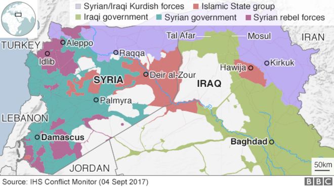 Карта, показывающая контроль над Ираком и Сирией (4 сентября 2017 года)