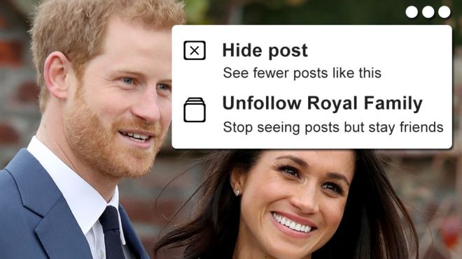 A photoshopped composite showing a smiling Harry and Meghan, overlaid with a "hide post - see less like this" mock-up in a style similar to Facebook