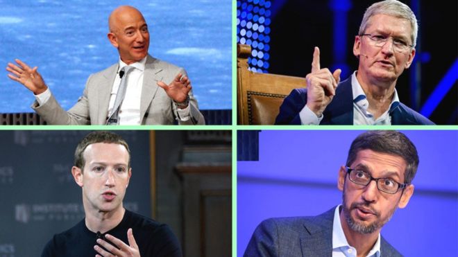 Jeff Bezos, de Amazon; Tim Cook, de Apple; Mark Zuckerberg, de Facebook y Sundar Pichai, de Google