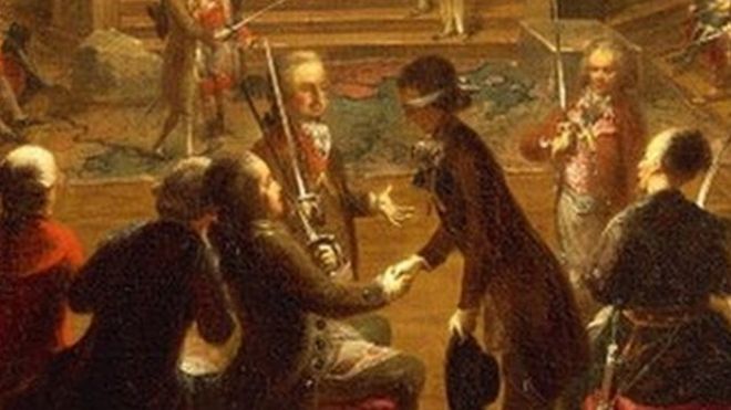 18世纪的艺术家翁特贝格尔所作，描绘了共济会维也纳分会玫瑰宫内一次秘密集会。