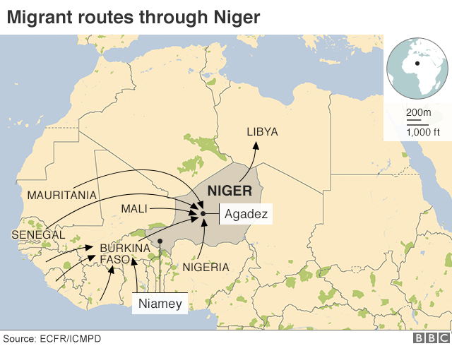 Карта, показывающая маршруты мигрантов через Нигер